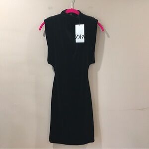 ZARA Shoulder Pad Velvet Mini Dress Black Women’s Xs Blogger Fav New 8898/987